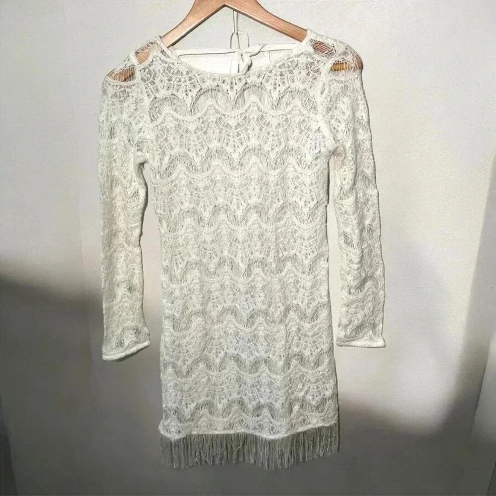 White Lace Long Sleeve Fringe Hem Dress